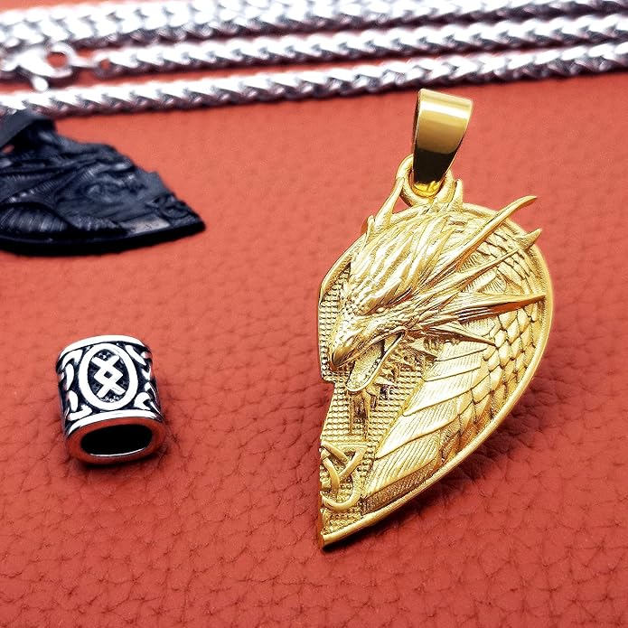 ZiWuark Matching Dragon Necklace Couples Viking Heart Necklace Jewelry for Men Women with Rune Beads