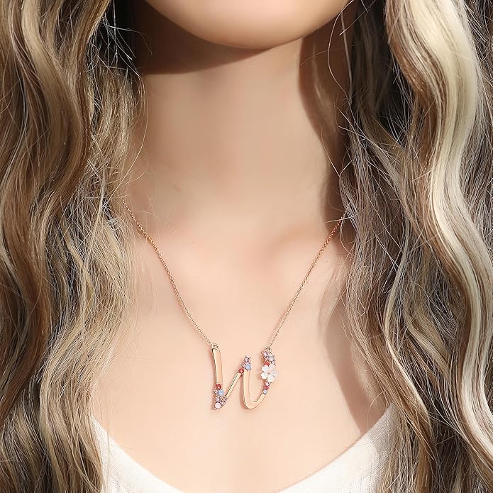 Flower Initial Letter Necklace Pink Red Blue Simulated Pearl Pendant Name Jewelry Made with Austrian Crystals Rose Gold Plated Anniversary Birthday Gifts for Women,18"+2"