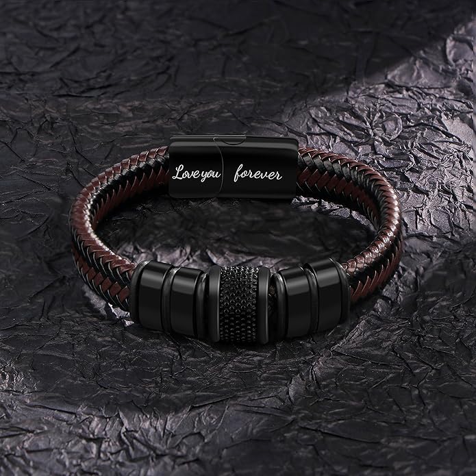 𝐆𝐢𝐟𝐭 𝐟𝐨𝐫 𝐌𝐞𝐧 Braided 𝐋𝐞𝐚𝐭𝐡𝐞𝐫 𝐁𝐫𝐚𝐜𝐞𝐥𝐞𝐭 for Men Dad Husband Boyfriend Son Grandson Brother Stainless Steel Clasp Engraved with Love You Forever Jewelry Birthday Gift 7.5 8.5 9 Inch