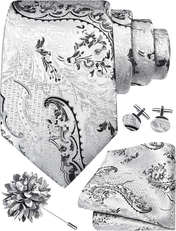 GUSLESON 8cm Paisley Tie Set for Men Necktie Lapel Pin Pocket Square Cufflinks Set for Men