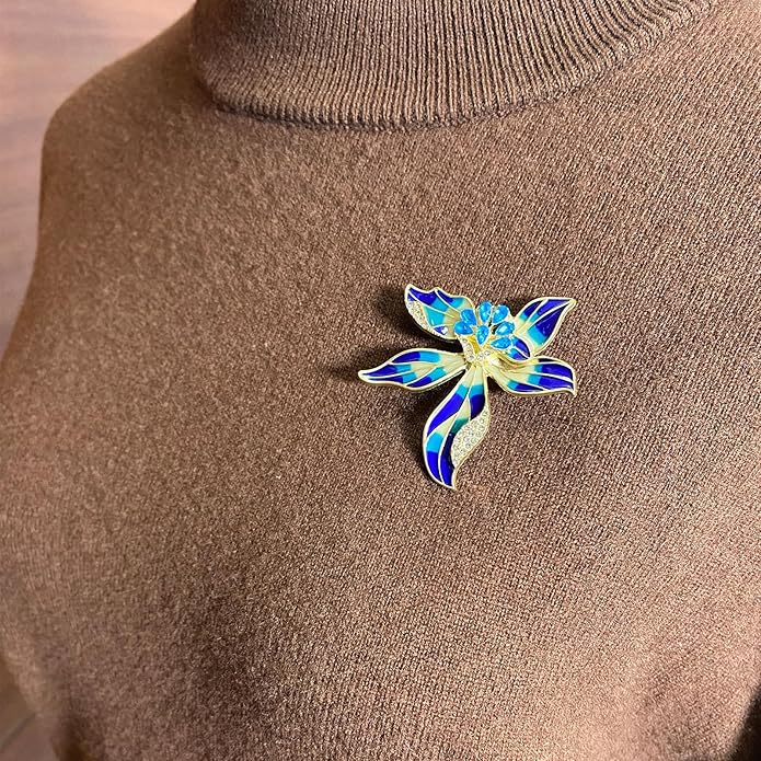 Multi-Color Enamel Flower Brooch For Women Gold Tone with Blue Zircon Crystal Accents, Vibrant Brooches Pin for Dresses Blazers