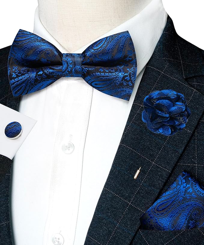 JEMYGINS Mens Paisley Bow Tie and Lapel Pin Necktie Pocket Square and Tie Clip with Sets for Business Casual 4PCS