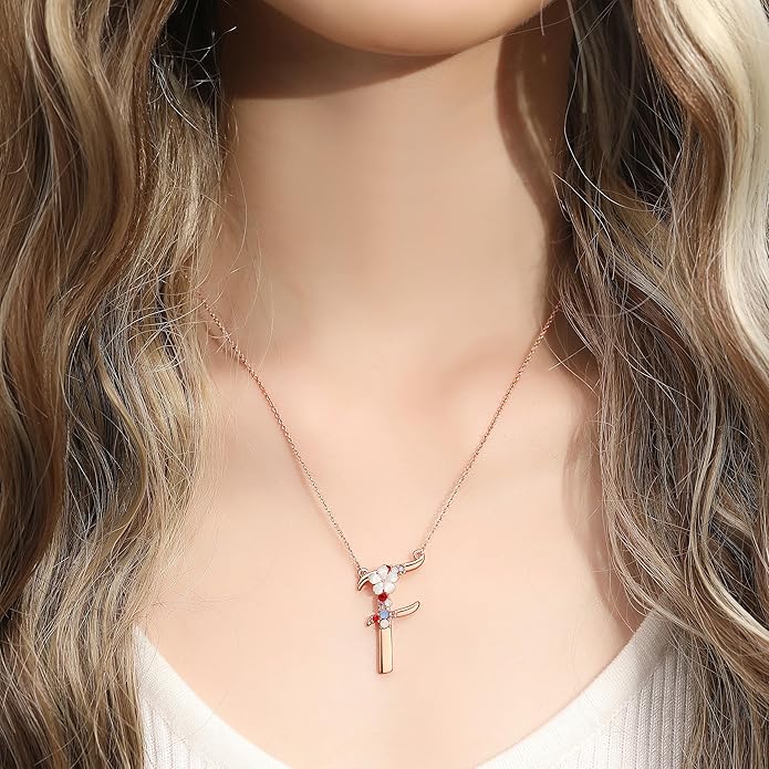 Flower Initial Letter Necklace Pink Red Blue Simulated Pearl Pendant Name Jewelry Made with Austrian Crystals Rose Gold Plated Anniversary Birthday Gifts for Women,18"+2"