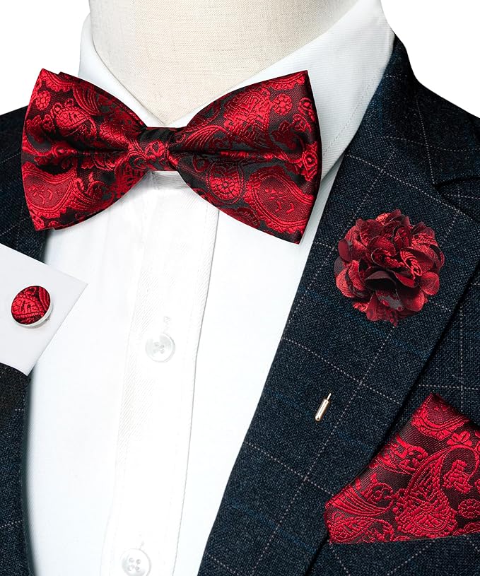 JEMYGINS Paisley Pre-tied Bow Tie and Pocket Square Cufflinks Lapel Pin Sets for Men 4PCS