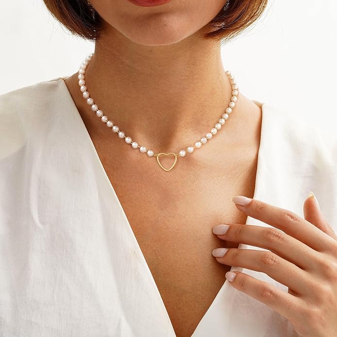Tewiky Cute Heart Necklace Tiny 14k Gold Heart Pendant Choker Necklaces Small Gold Love Open Heart Chain Necklace for Women Dainty Gold Necklace Gifts for Her
