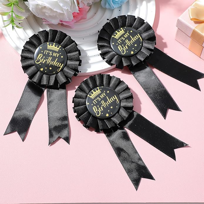 4 Pcs Happy Birthday Pin Birthday Queen Ribbon Buttons Happy Birthdays Badge Pins for Women Men Colorful Satin Corsage Fabric Birthdays Party Award Brooches Decorations Black 6.10 × 3.15 Inch