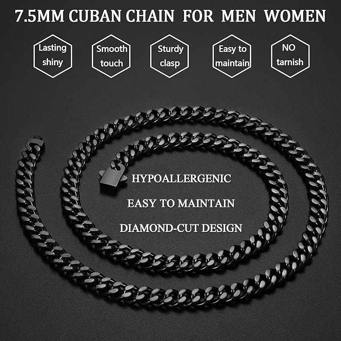 Fiusem Valentines Day Gifts for Him Silver Tone/Black/14K Gold Plated Chain Necklace for Men, 5mm/6mm/7.5mm/8mm/9mm Stainless Steel Cuban Link Chain Necklace, Men's Chains 18-28 Inch Jewelry Gifts
