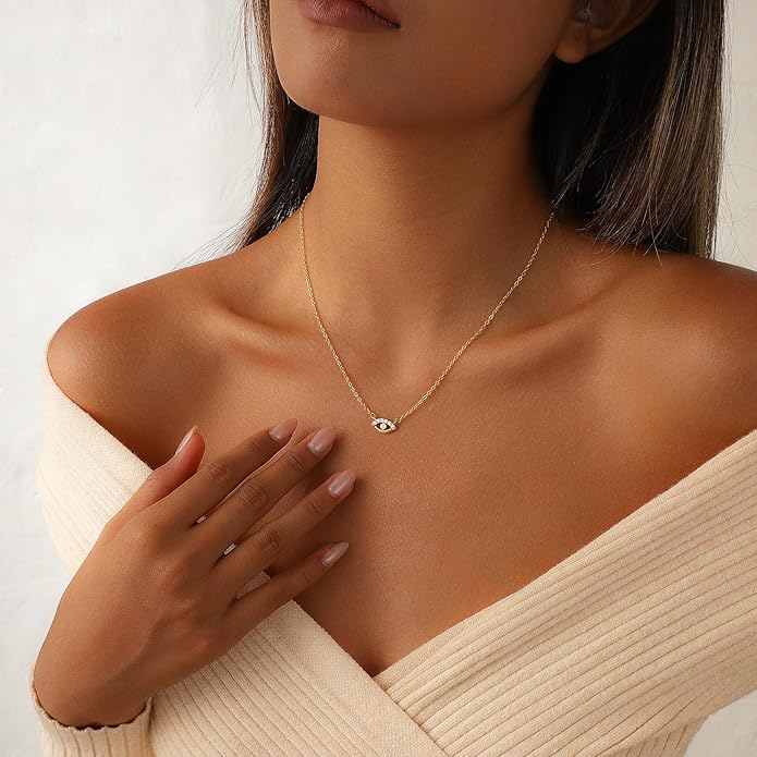 Evil Eye Necklace for Women,Dainty 14K Gold/Sterling Silver Plated Evil Eye Pendant Necklace Tiny Boho CZ Diamond Necklace Cute Trendy Lucky Protection Jewelry Gift for Women