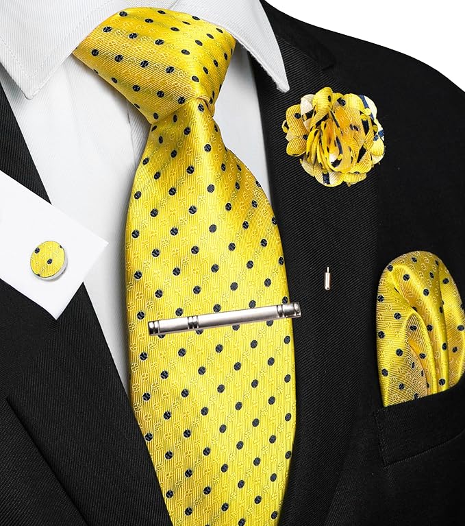 JEMYGINS Mens Tie and Pocket Square,Lapel Pin,Cufflinks,Tie Clip Sets with Gift Box 5PCS