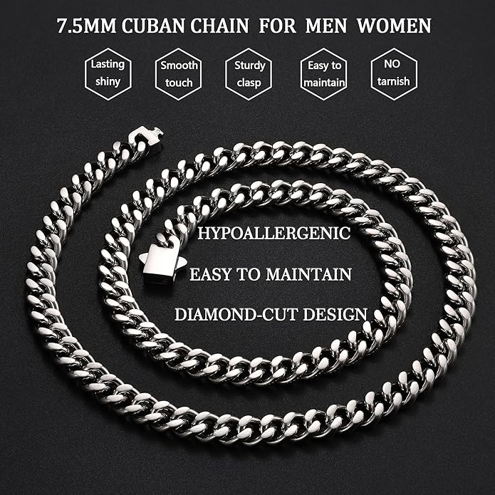 Fiusem Valentines Day Gifts for Him Silver Tone/Black/14K Gold Plated Chain Necklace for Men, 5mm/6mm/7.5mm/8mm/9mm Stainless Steel Cuban Link Chain Necklace, Men's Chains 18-28 Inch Jewelry Gifts