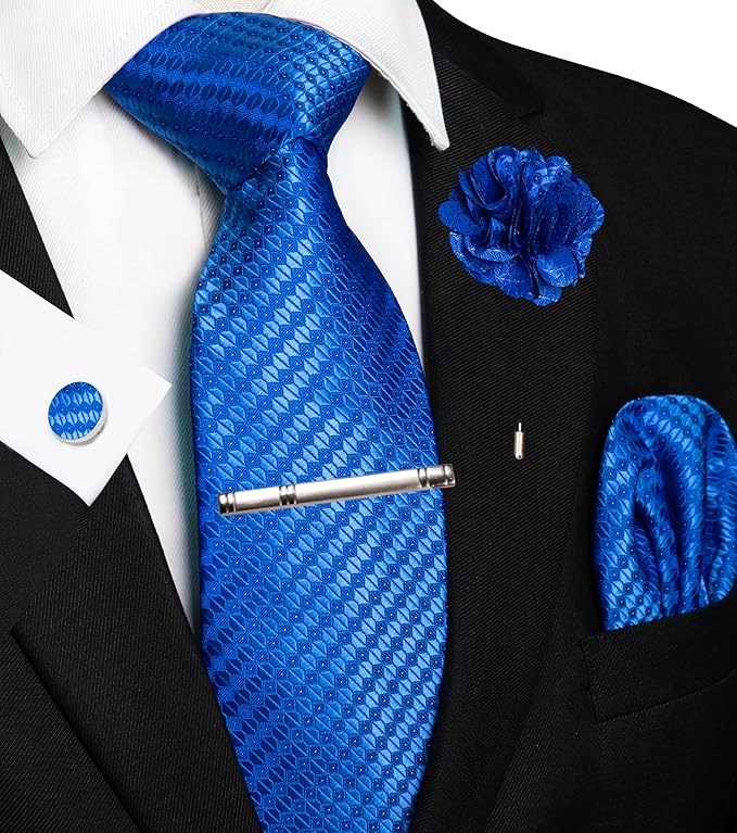 JEMYGINS Mens Tie and Pocket Square,Lapel Pin,Cufflinks,Tie Clip Sets with Gift Box 5PCS