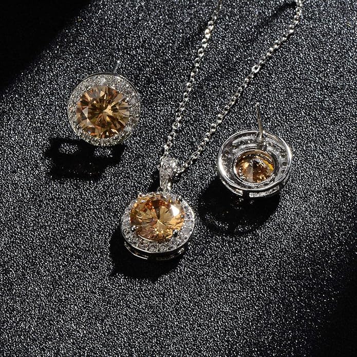 Bridal Crystal Jewelry Set - Sterling Silver Round Cubic Zirconia CZ Rhinestone Halo Birthstone Pendant Necklace Stud Earrings Set for Wedding Bride Bridesmaids Birthday Gift