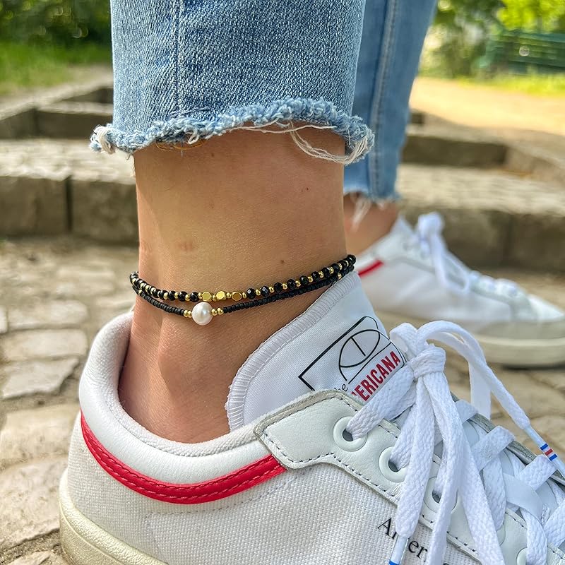 Made by Nami Boho Surfer Anklet Waterproof & Adjustable Beaded Anklets for Women Beachy Ankle Bracelet Made from Waxed Cotton Rope and Beads for Summer and Hippie Style (Black Pearl)