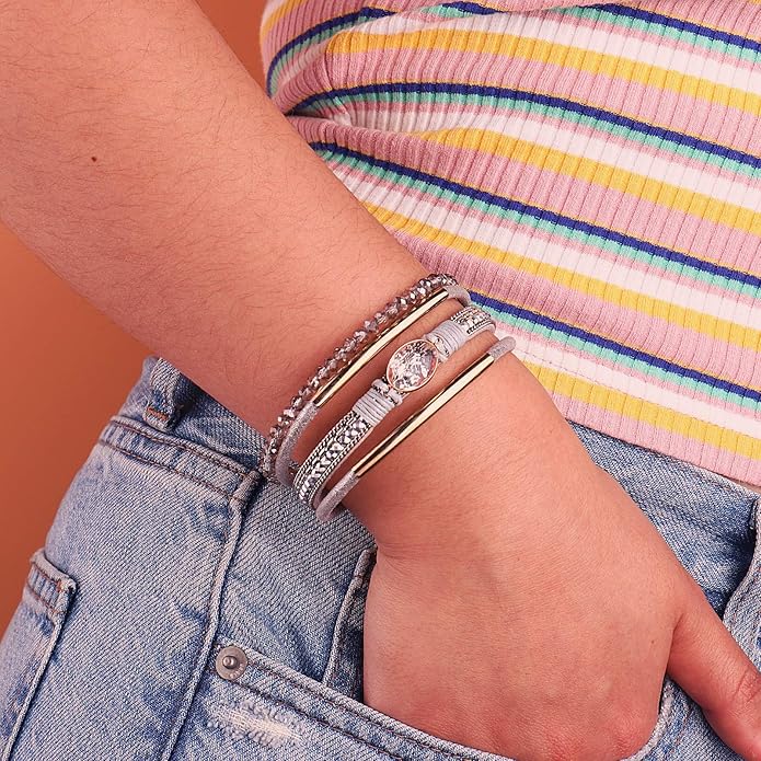 FANCY SHINY Leather Wrap Bracelets Crystal Beads Bracelet Boho Cuff Stone Charm Bracelets with Clasp Costume Jewelry for Women