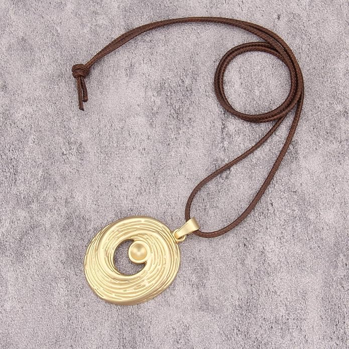 Long Boho Necklaces for Women Vintage Leather Wooden Pendant Y Choker Ethnic Style Gold Circle Hippie Sweater Necklace