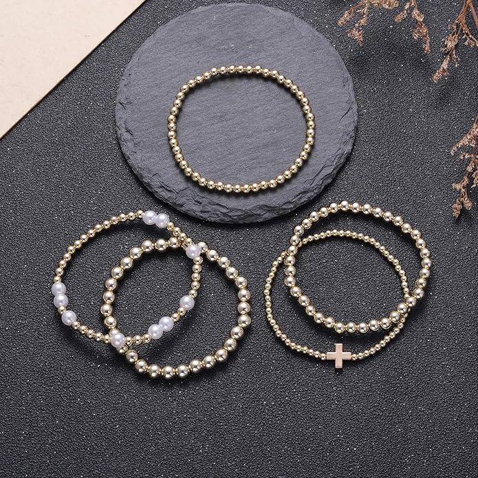 Kvekstio Gold Beaded Bracelet Set for Women – 5 Pack Layered Stackable Stretch Bracelets with Mixed Bead Sizes, Pearl-Style & Cross Charm, Minimalist Beads Jewelry Gifts for Everyday Wear & Holiday