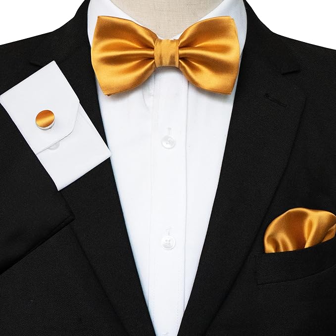 JEMYGINS Solid Color mens Pre-tied Bow Tie and Pocket Square Cufflinks Sets with Gift Box