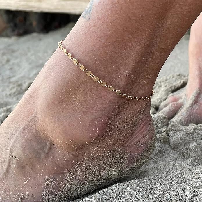 Pencros Dainty Layered Anklet,14K Gold Filled Cute Beads Satellite Chain Heart Boho Adjustable Anklets for Women