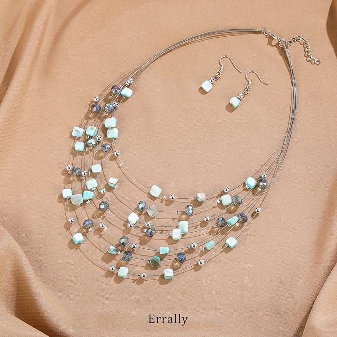 Multi-Layer Boho Shell Beaded Necklace for Women Colorful Crystal Strand with Silver Beads Statement Collars Necklace and Earrings Costumes Jewelry Sets for Women