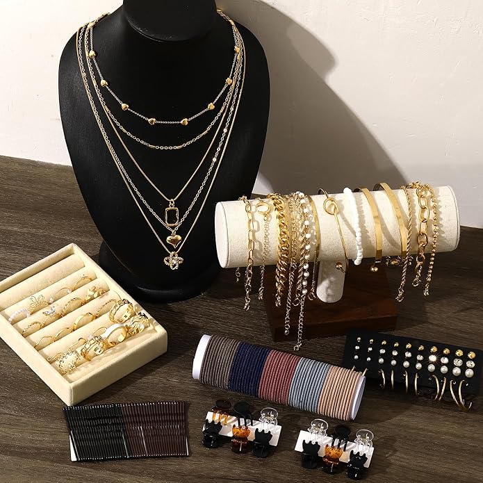 FAXHION 68 Pcs Gold Jewelry Set for Women with 7 Necklace, 17 Bracelet, 5 Hoop Earrings, 15 Stud Earrings, 24 Knuckle Rings for Women Jewelry Set for Women