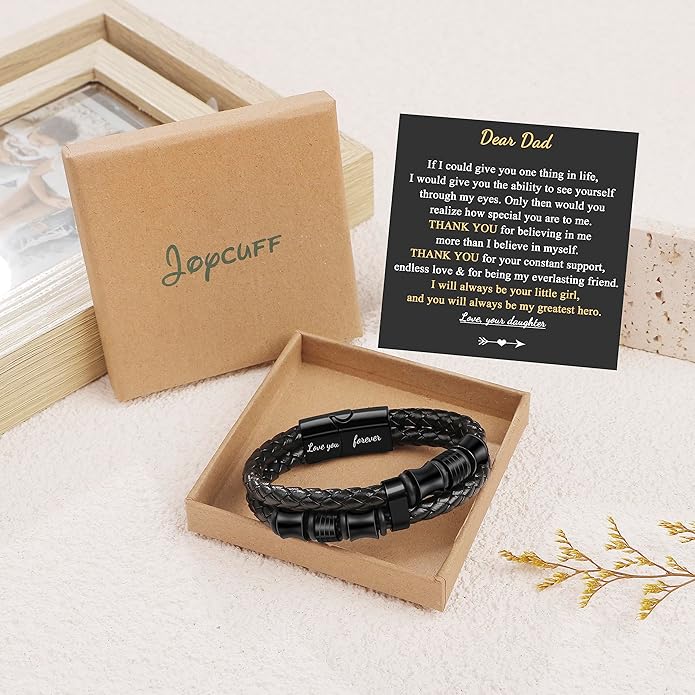 𝐆𝐢𝐟𝐭 𝐟𝐨𝐫 𝐌𝐞𝐧 Braided 𝐋𝐞𝐚𝐭𝐡𝐞𝐫 𝐁𝐫𝐚𝐜𝐞𝐥𝐞𝐭 for Men Dad Husband Boyfriend Son Grandson Brother Stainless Steel Clasp Engraved with Love You Forever Jewelry Birthday Gift 7.5 8.5 9 Inch
