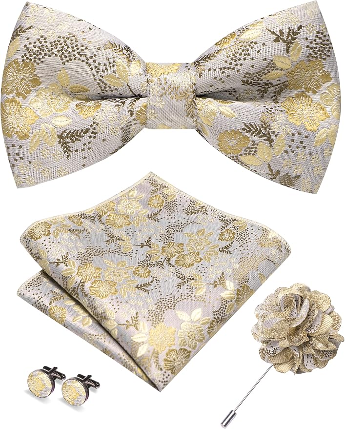 JEMYGINS Floral Pre-tied Bow Tie and Pocket Square Cufflinks Lapel Pin Sets for Men 4PCS
