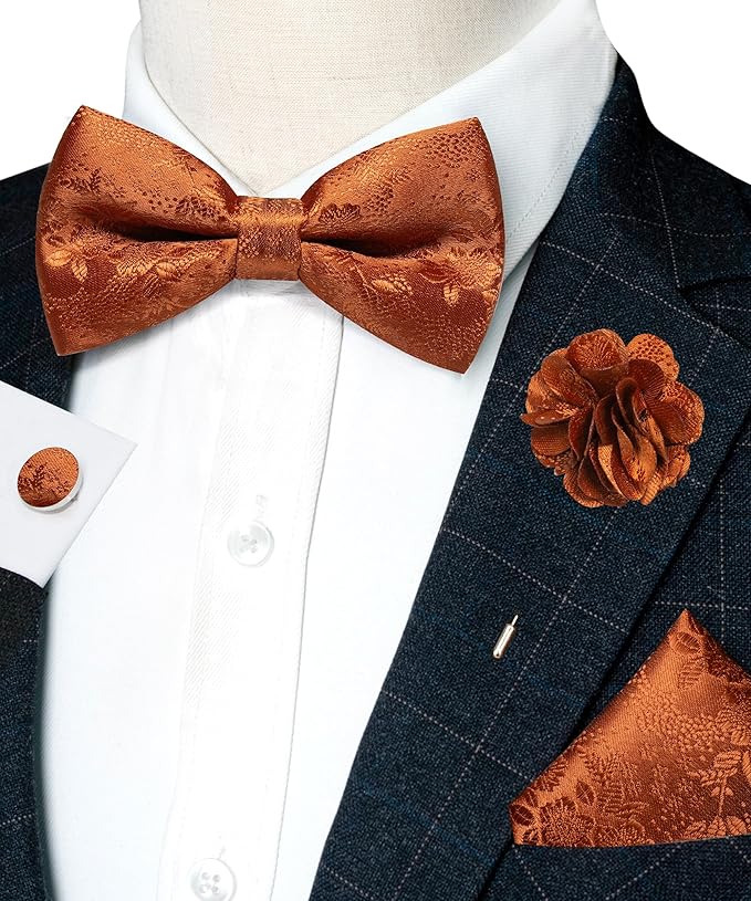 JEMYGINS Floral Pre-tied Bow Tie and Pocket Square Cufflinks Lapel Pin Sets for Men 4PCS