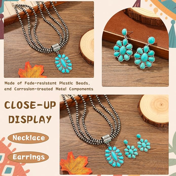 KLSURPRISE2 Western Jewelry Sets for Women – Turquoise Necklace and Earring Set Vintage Boho Cowgirl Accessories Country Jewelry Gift for Her