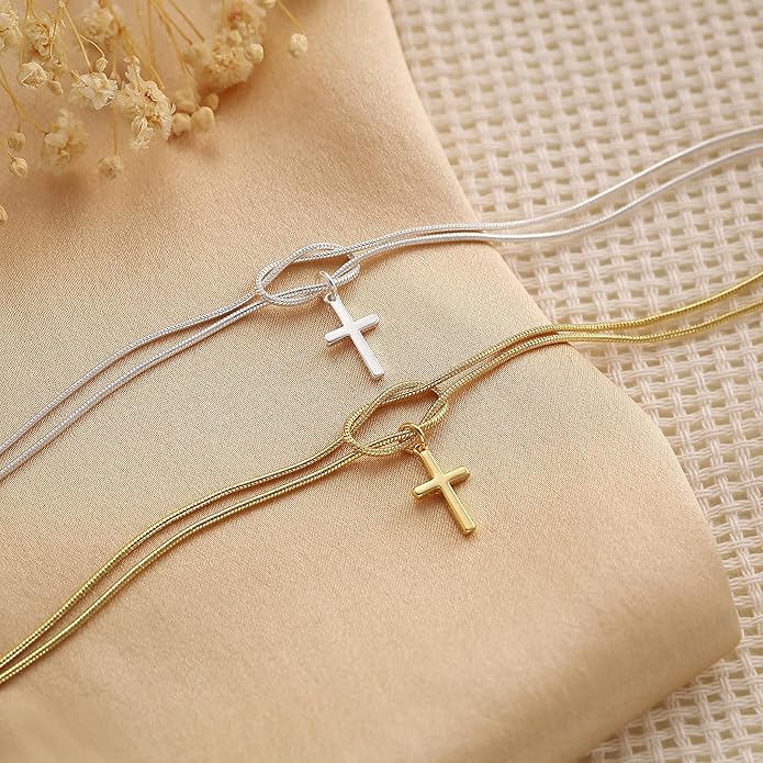 Moodear Christmas Gifts Sotcking Stuffers, Dainty 925 Sterling Silver/14k Gold Plated CZ Cross Bracelet Layered Snake Pearl Chain Knot Bracelets for Women Trendy Religious Christian Jewelry