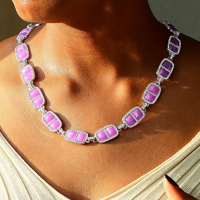 Chunky Necklace for Women 12 Colors Diamond Stone Gold Statement Necklace for Women Full Trendy Blue Birthstone Choker Necklace for Women Square Design Necklace Jewelry