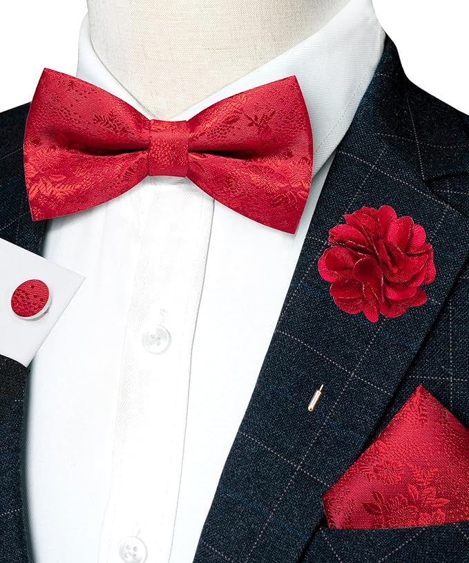 JEMYGINS Floral Pre-tied Bow Tie and Pocket Square Cufflinks Lapel Pin Sets for Men 4PCS