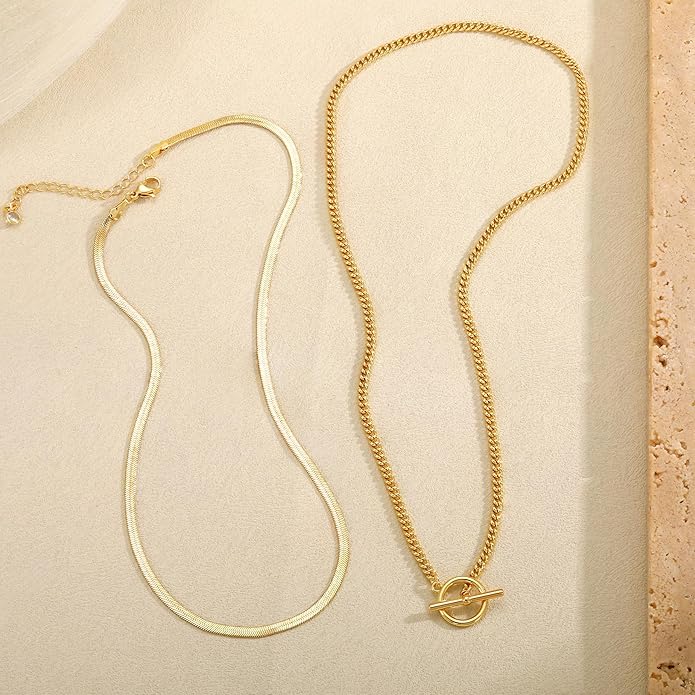 CHESKY 14K Gold Plated Layered Herringbone Necklaces for Women, Trendy Paperclip Snake Chain Necklace Cuban Link Simple Chunky Toggle Clasp Necklace Set Fashion Jewelry