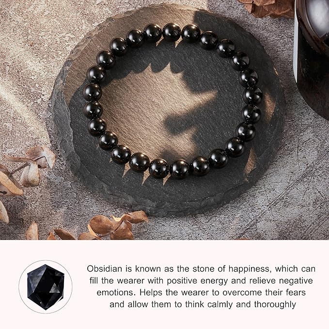 Seyaa Obsidian Bracelet, Mens Bracelet, Natural Black Obsidian Beaded Stretch Bracelets for Men Women