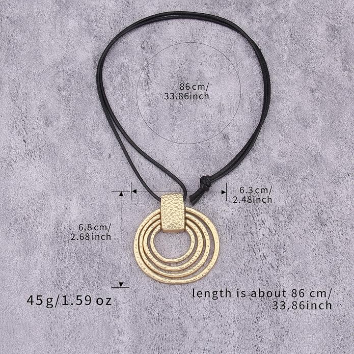 Long Boho Necklaces for Women Vintage Leather Wooden Pendant Y Choker Ethnic Style Gold Circle Hippie Sweater Necklace