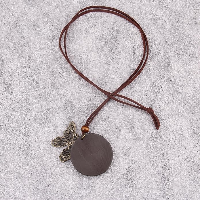 Long Boho Necklaces for Women Vintage Leather Wooden Pendant Y Choker Ethnic Style Gold Circle Hippie Sweater Necklace