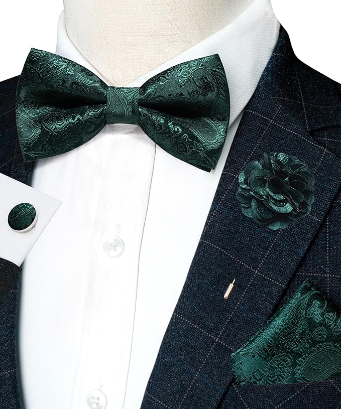 JEMYGINS Paisley Pre-tied Bow Tie and Pocket Square Cufflinks Lapel Pin Sets for Men 4PCS