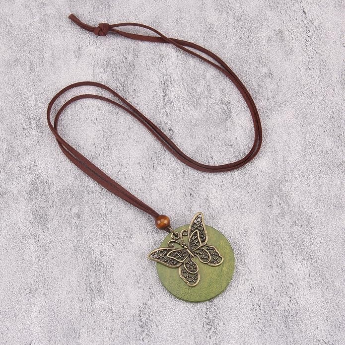 Long Boho Necklaces for Women Vintage Leather Wooden Pendant Y Choker Ethnic Style Gold Circle Hippie Sweater Necklace