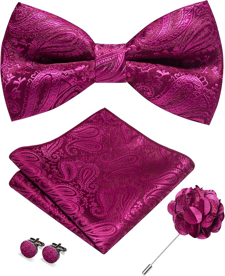 JEMYGINS Mens Paisley Bow Tie and Lapel Pin Necktie Pocket Square and Tie Clip with Sets for Business Casual 4PCS