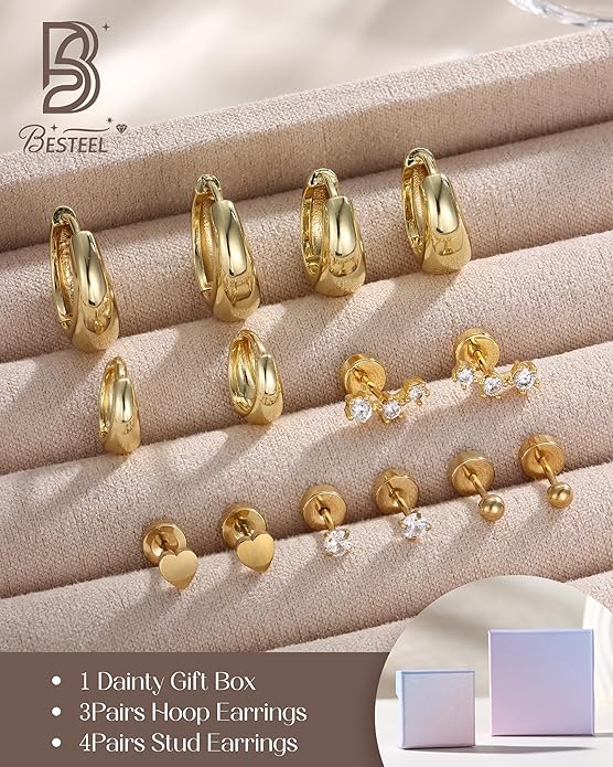 Hypoallergenic 14K Gold Plated Hoop Stud Earrings for Women Surgical Stainless Steel Flat Back Earrings Lightweight Small Chunky Huggie Hoops Cartilage Earring Stacks for Multiple Piercing Women Gifts