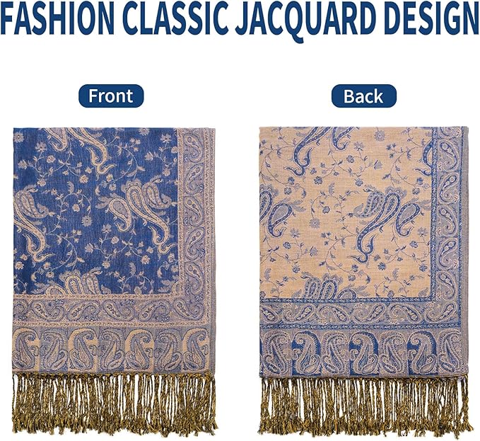 QIUTIMIY Paisley Pashmina Shawl Wrap Women Reversible Vintage Jacquard Pashmina Rave Scarf with Fringe for Evening, Wedding