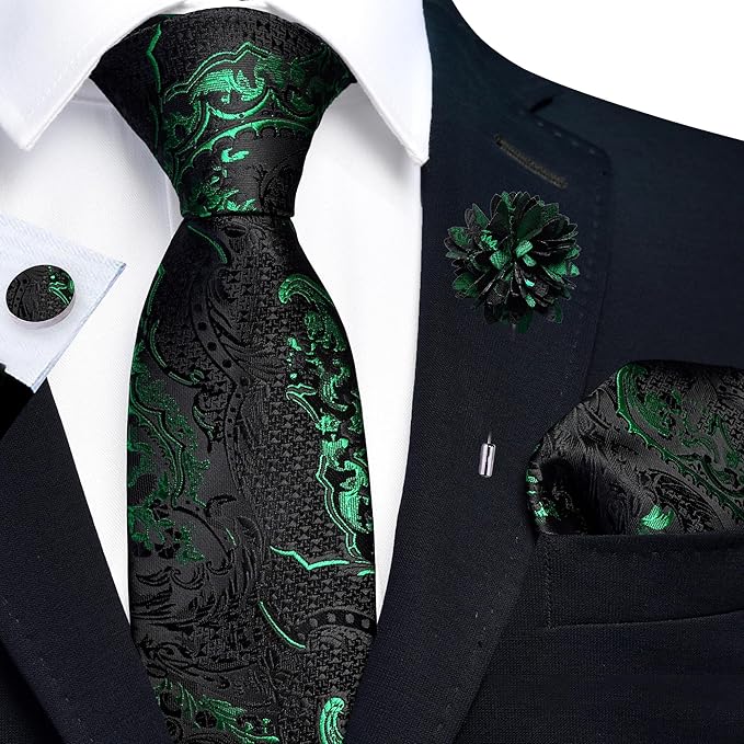 GUSLESON 8cm Paisley Tie Set for Men Necktie Lapel Pin Pocket Square Cufflinks Set for Men