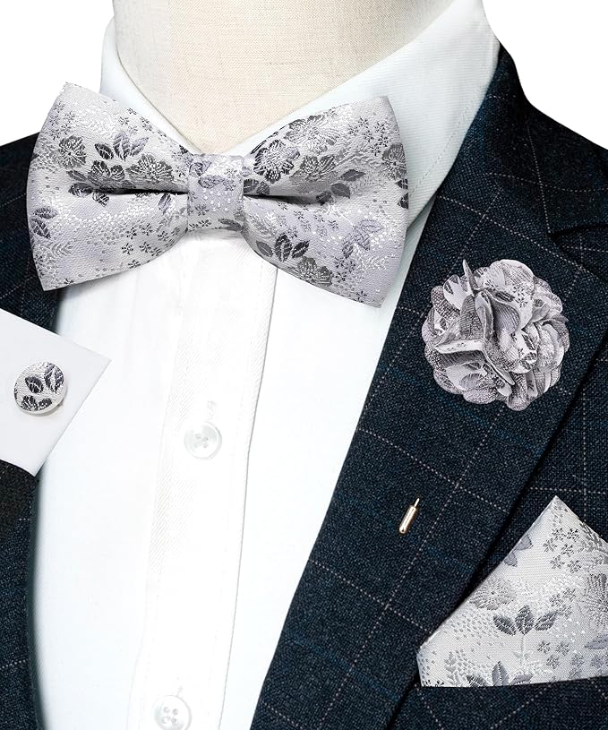 JEMYGINS Floral Pre-tied Bow Tie and Pocket Square Cufflinks Lapel Pin Sets for Men 4PCS