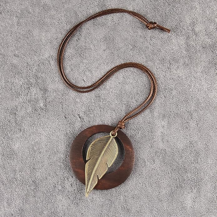 Long Boho Necklaces for Women Vintage Leather Wooden Pendant Y Choker Ethnic Style Gold Circle Hippie Sweater Necklace