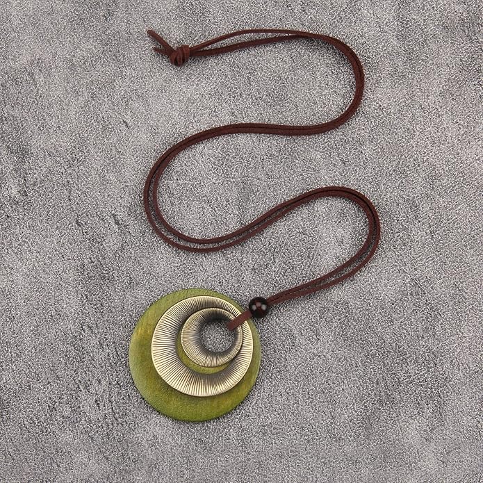Long Boho Necklaces for Women Vintage Leather Wooden Pendant Y Choker Ethnic Style Gold Circle Hippie Sweater Necklace