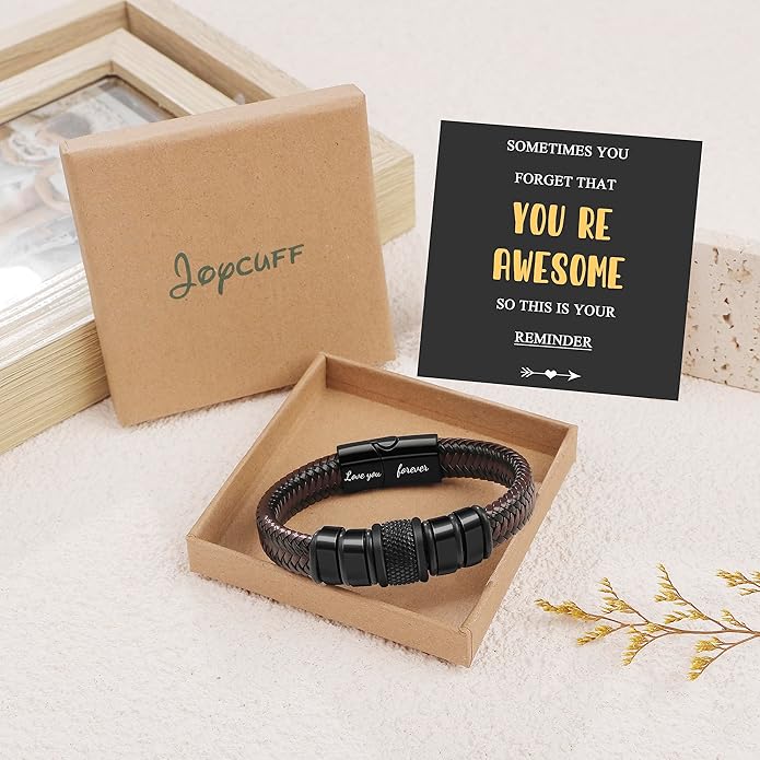 𝐆𝐢𝐟𝐭 𝐟𝐨𝐫 𝐌𝐞𝐧 Braided 𝐋𝐞𝐚𝐭𝐡𝐞𝐫 𝐁𝐫𝐚𝐜𝐞𝐥𝐞𝐭 for Men Dad Husband Boyfriend Son Grandson Brother Stainless Steel Clasp Engraved with Love You Forever Jewelry Birthday Gift 7.5 8.5 9 Inch