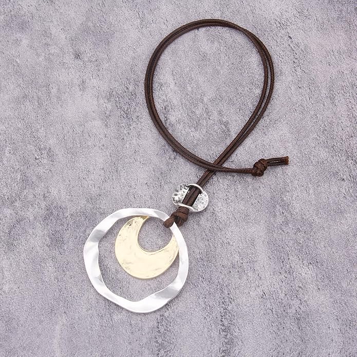 Boho Necklaces for Women Chunky Circle Necklace Layered Boho Circle Leather Choker Necklace Long Vintage Necklaces Bohemian Jewlery Gifts