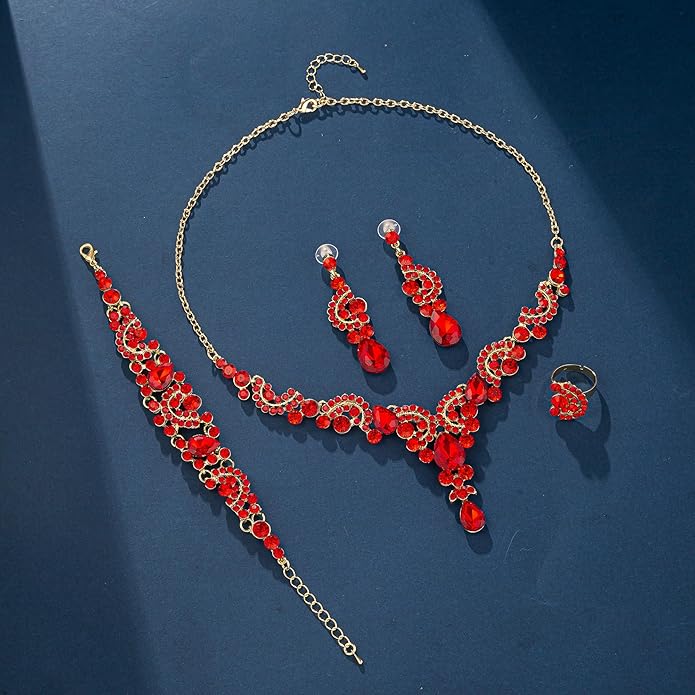 Paxuan Crystal Bridal Wedding Jewelry Sets for Women Rhinestone Teardrop Crystal Statement Choker Necklace Drop Earrings Link Bracelets Rings Teardrop Jewelry Set for Brides Bridesmaids