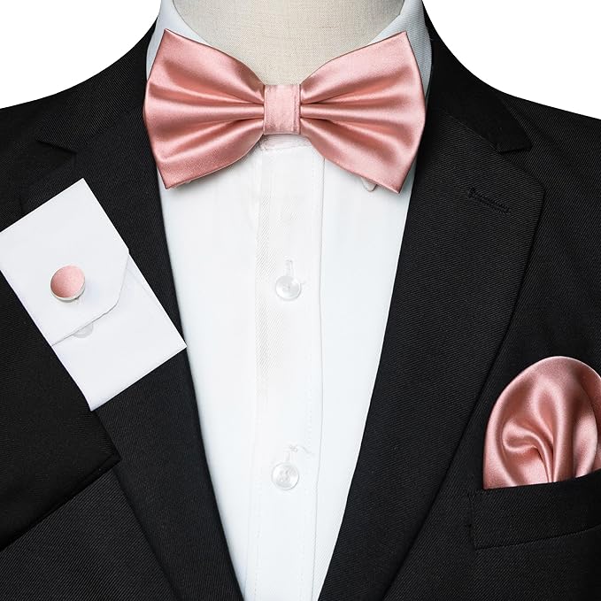 JEMYGINS Solid Color mens Pre-tied Bow Tie and Pocket Square Cufflinks Sets with Gift Box