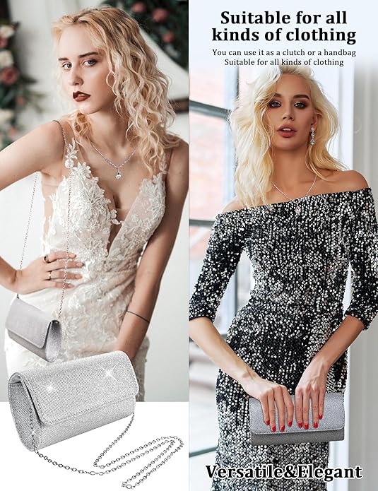 Subiceto 4Pcs Silver Clutch Purse Jewelry Set for Women Evening Rhinestone Purse Crystal Necklace Earrings Bracelets Set Silver Accessories for Women Bride Wedding Jewelry