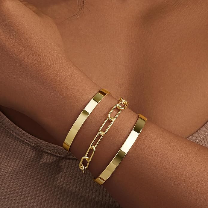 Silver Bracelets for Women Stack, Silver or Gold Plated Cuff Bangle Set, Trendy Silver Jewelry for Women Fashion